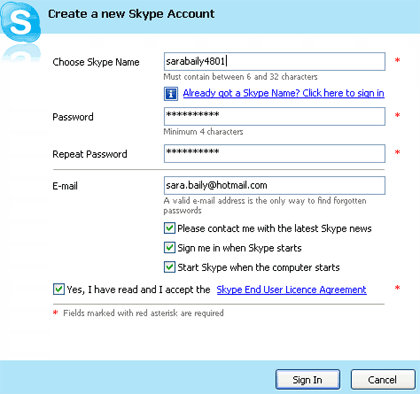 create new account in skype